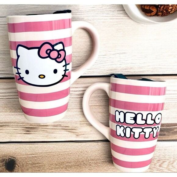 Sanrio Other - NWT Gorgeous Hello Kitty Pink Striped Glossy Ceramic Tall Travel Mug with lid